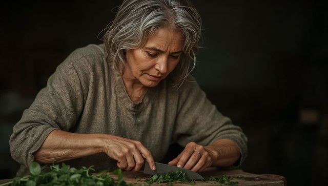 Senior woman chopping fresh herbs on rustic wooden board, intimate culinary portrait