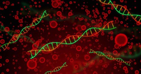 Dna strands floating among red blood cells on vibrant background