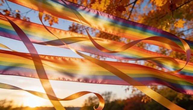 Sunlit rainbow ribbons flowing through autumn trees at golden hour, festive decoration