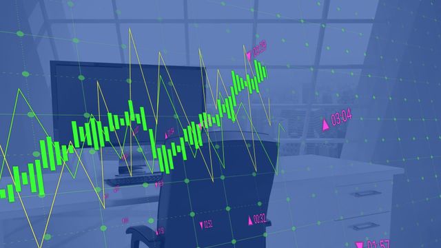 Visualizing technological financial data over a desk in an office conveys modern stock analysis trends. Ideal for illustrating concepts in global finance or business technology. Can be used by companies for corporate presentations, financial institutes for infographics, or bloggers addressing economic trends.