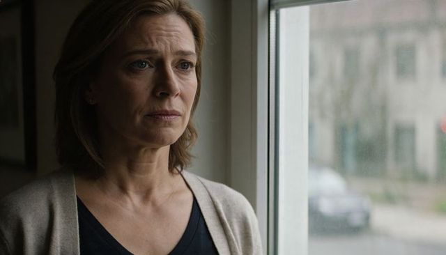 Contemplative middle-aged woman gazing out window in soft natural light interior portrait