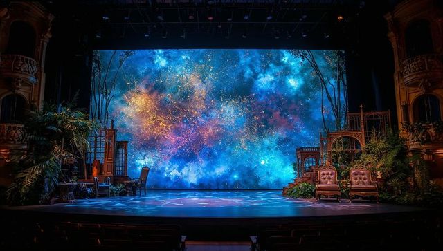 Ornate proscenium theatre featuring cosmic nebula backdrop and vintage tufted chairs