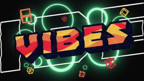 Neon Vibes Text with Geometric Shapes on Black Backdrop