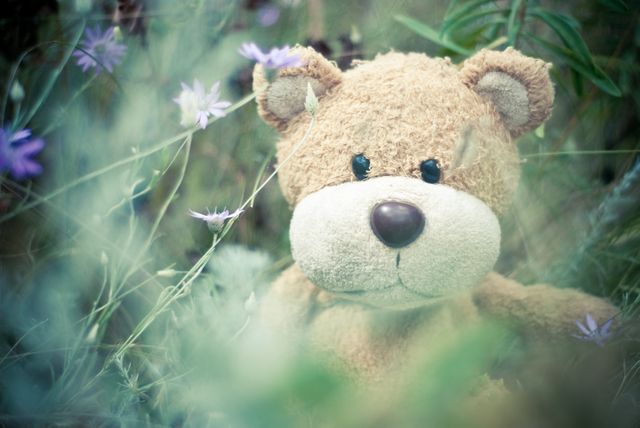 Teddy bear sitting among flowers and greenery. This image suits themes of childhood, innocence, nostalgia, and outdoor play. Ideal for creating whimsical and idyllic atmospheres in advertisements, children’s books, and websites focusing on toys or nature.