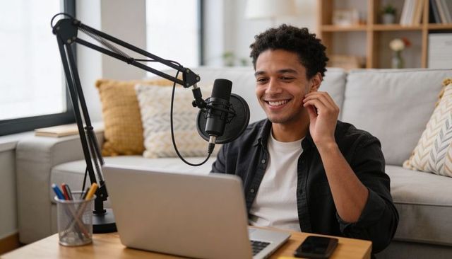 Young man podcasting from cozy living room with condenser microphone, laptop, smartphone