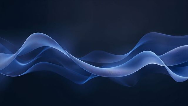 Flowing Translucent Blue Ribbon Waves Representing Data Flow and Sound Waveforms