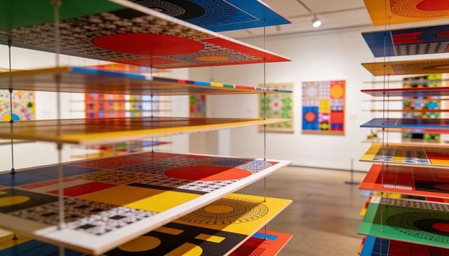 Suspended Layered Geometric Panels Displaying Colorful Abstract Prints Contemporary Gallery
