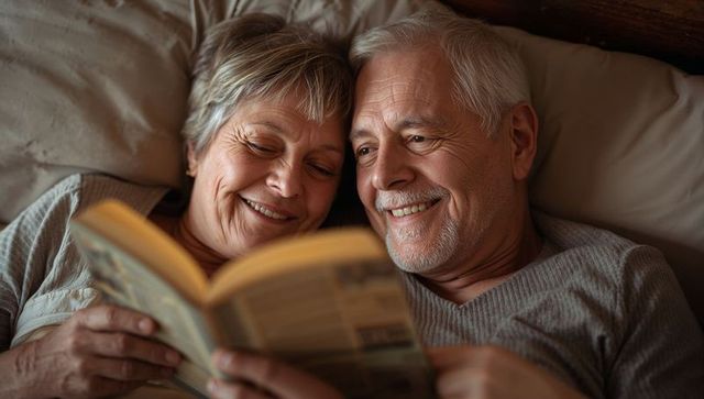 Senior couple reading together in bed, sharing paperback and smiling in cozy evening