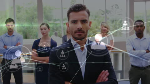 Businessman with Diverse Team and Digital Networking Overlay