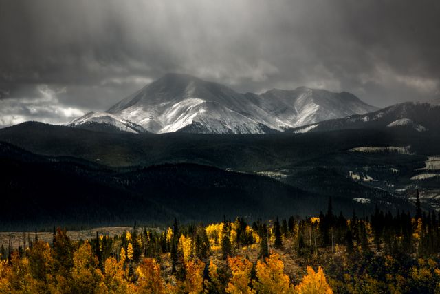 This image captures a striking mountain scene with dark, stormy skies adding drama to the landscape. The foreground features vibrant autumn foliage, providing a stark contrast to the shadowy mountains in the background. Ideal for use in publications related to travel, nature, and adventure. Perfect for use in prints, calendars, banners, and websites focused on outdoor tourism, hiking, and environmental awareness.
