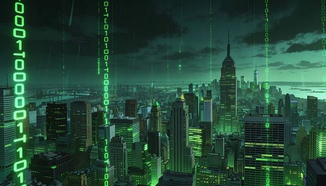 Cyberpunk skyline with green binary rain cascading over neon-lit metropolitan rooftops