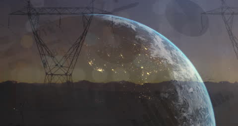 Digital Overlay of Globe with Financial Data and Power Lines