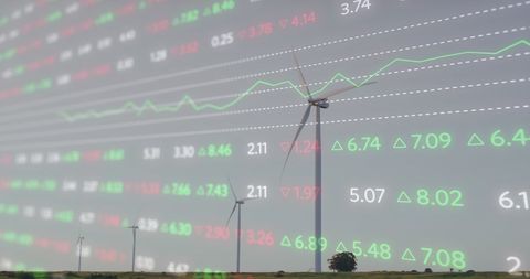 Data Processing Overlay Wind Turbines Financial Growth Concept