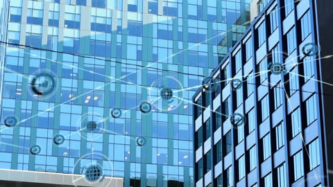 Modern Glass Buildings Connected by Digital Interface Lines