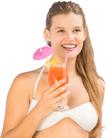 Happy Smiling Woman Enjoying Tropical Drink Transparent Image