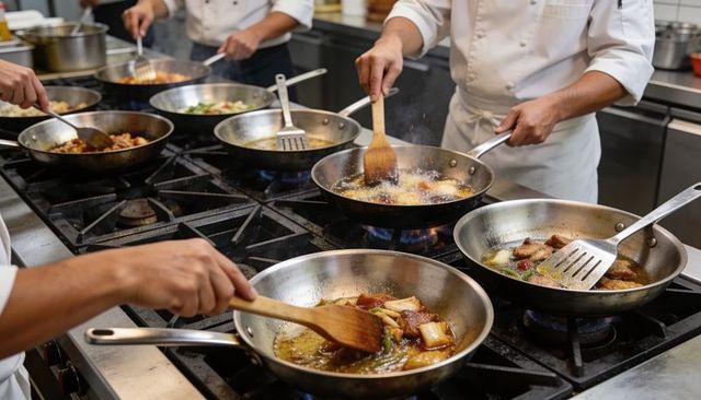 Professional chefs stirring and searing multiple dishes on busy gas range in restaurant kitchen
