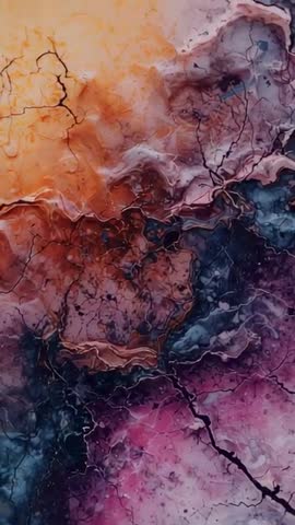 Vertical Marbled Canvas Panning Video Revealing Cracked Paint and Color Veins
