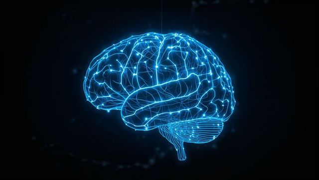 Glowing Neural Network Brain Hologram Showing Pulsing Nodes and Cerebellum Detail