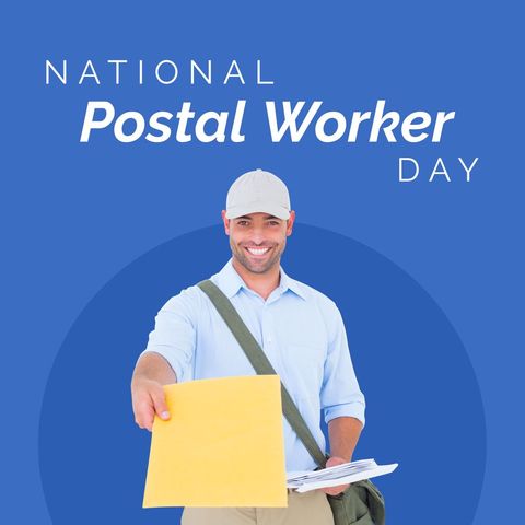 smiling postman celebrating national postal worker day on blue background - Download Free Stock Templates Pikwizard.com