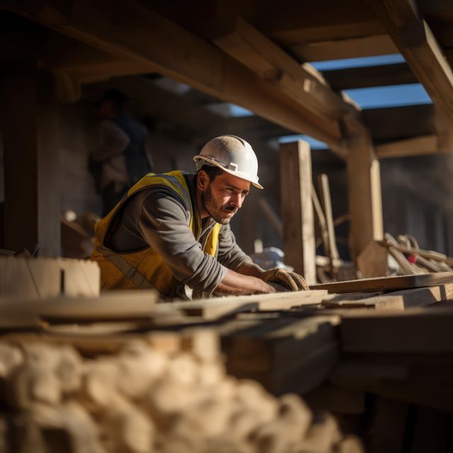 Construction worker engaged in wood cutting on a bustling job site, highlighting precision and dedication. Ideal for content on construction, manual labor, building projects, professional craftsmanship, safety attire, and teamwork on construction sites.