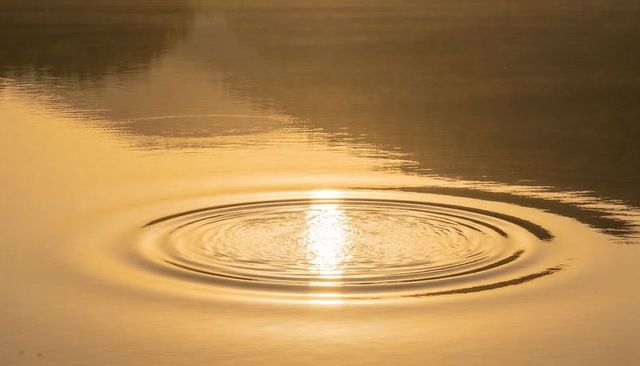 Golden sunrise ripples radiating across glassy water with concentric rings and warm reflection