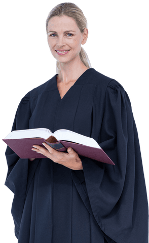 Confident female lawyer holding book transparent background
