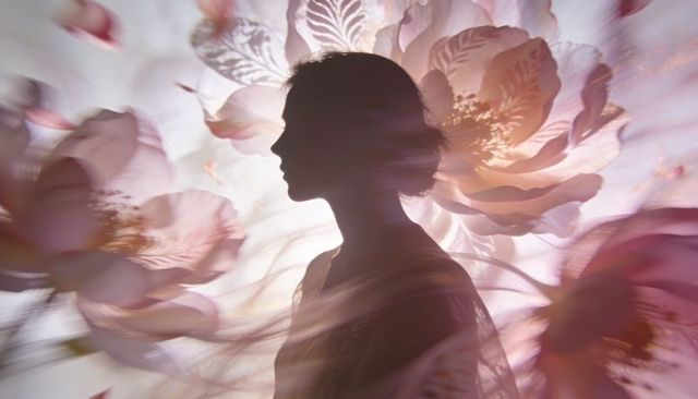 Backlit female silhouette enveloped in pastel floral double exposure, ethereal portrait