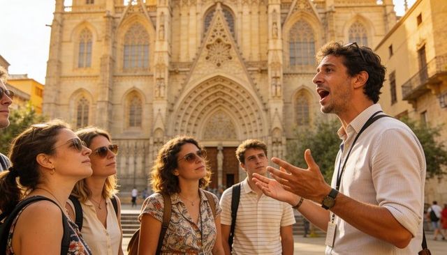 Tour guide leading group at gothic cathedral steps, gesturing and explaining history