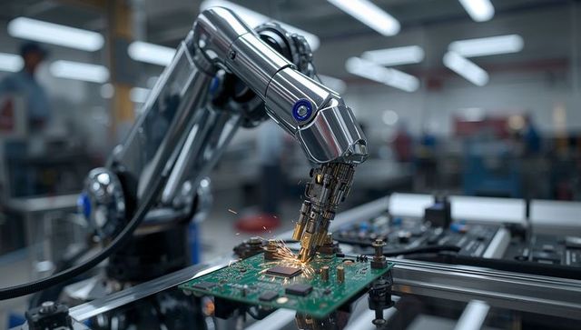 Advanced Robotic Arm Soldering Circuit Board in High-Tech Factory