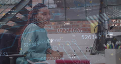 Businesswoman Analyzing Data on Computer with Futuristic Technology