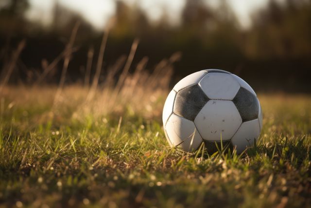 An old soccer ball resting on a sunlit grassy field with a blurred background. This image conveys a sense of leisure, recreation, and outdoors sports activities. Ideal for advertisements, sports blogs, outdoor activity promotions, and youth sports programs.