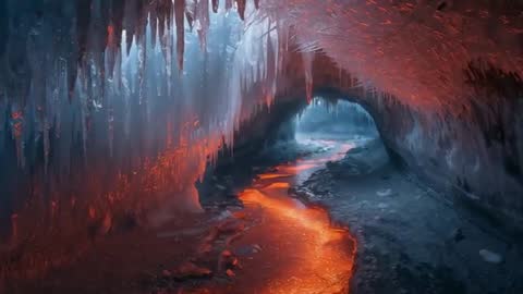 Mystic Molten Stream Winding Through Ice Cave Tunnel