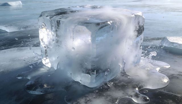 Giant melting ice cube creating mist and meltwater puddles on glossy frozen lake surface