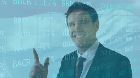 Businessman Interacting with Digital Financial Data and Flag Background