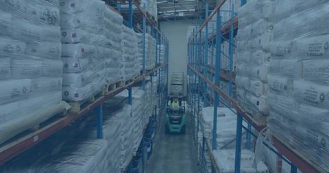 Warehouse Worker Operating Forklift in Industrial Aisle