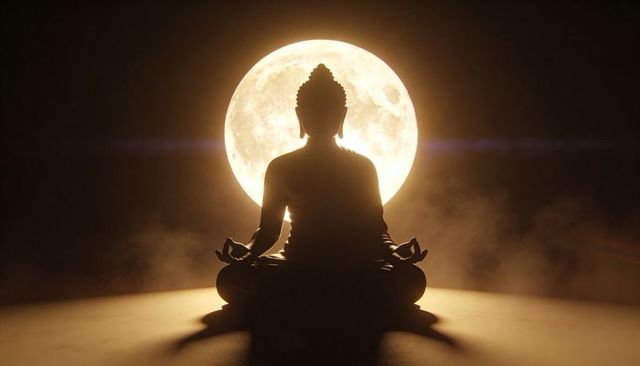 Seated buddha silhouette meditating under full moon backlit by lunar halo and mist
