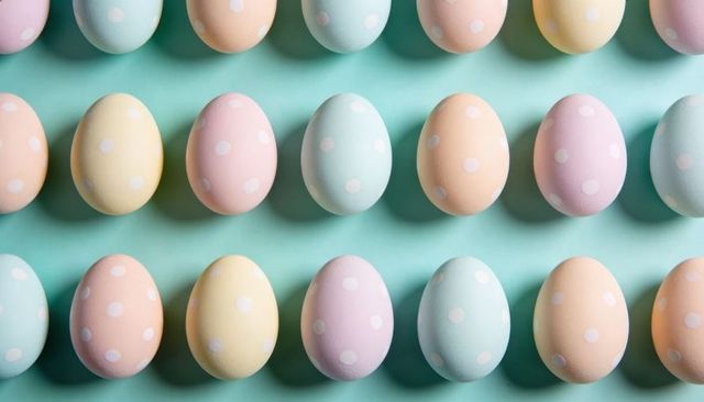 Pastel Polka-Dot Easter Eggs Grid on Mint Background for Spring Decor