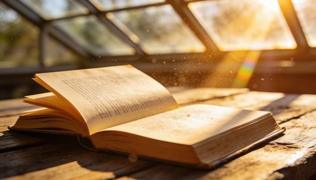 Golden sunlit vintage book on wooden table with dust motes by conservatory window warm afternoon glo