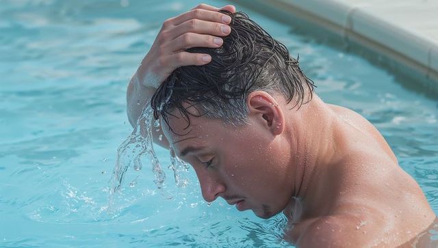 Running hand through wet hair while leaning at sunny pool edge male torso water droplets