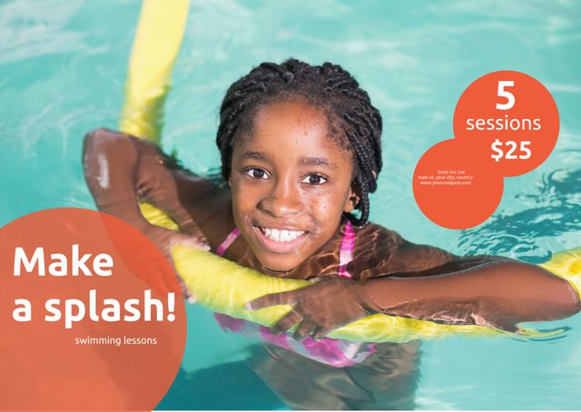 Joyful advertisement showing a child learning to swim with a pool noodle. Great for promoting summer camps that offer swimming lessons, water safety campaigns, and swim schools. Could also be used in brochures or websites aimed at parents seeking recreational activities for their children.