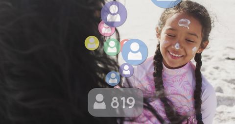 Girl Enjoying Beach Moments with Digital Social Interaction Icons