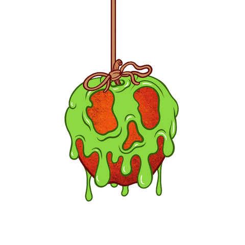 Hanged red apple covered in eerie green slime dripping skull