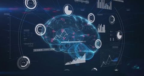 Holographic Wireframe Brain with Data HUD, Neural Nodes and Futuristic Analytics