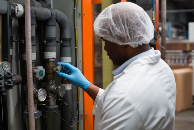 Factory engineer monitoring a pressure gauge in drinks production plant