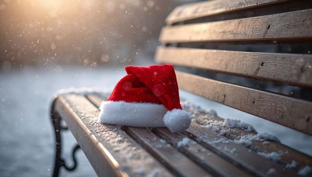 Resting red santa hat on snow-dusted park bench at golden winter dusk