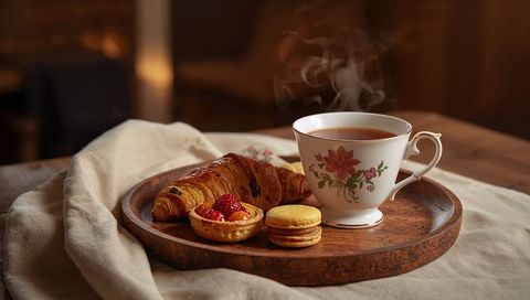 Steaming floral teacup with croissant, macarons and fruit tart on rustic wooden tray