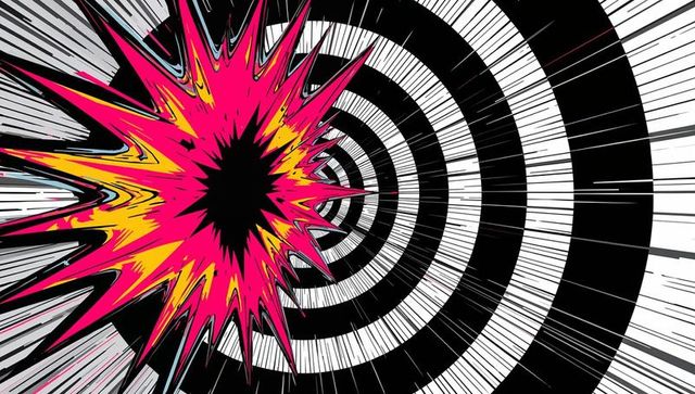 Bursting magenta yellow starburst over monochrome target rings pop art comic explosion