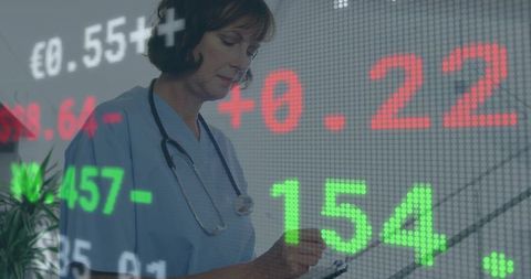 Nurse Reviewing Clinical Data with Financial Analytics Overlay on Digital Dashboard