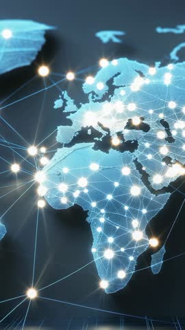 Vertical motion graphic pulsing network map highlighting digital connectivity across Europe & Africa