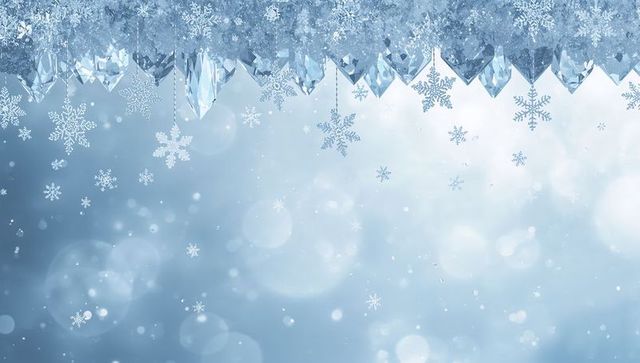 Icy crystal icicle border with falling snowflakes and soft bokeh winter background